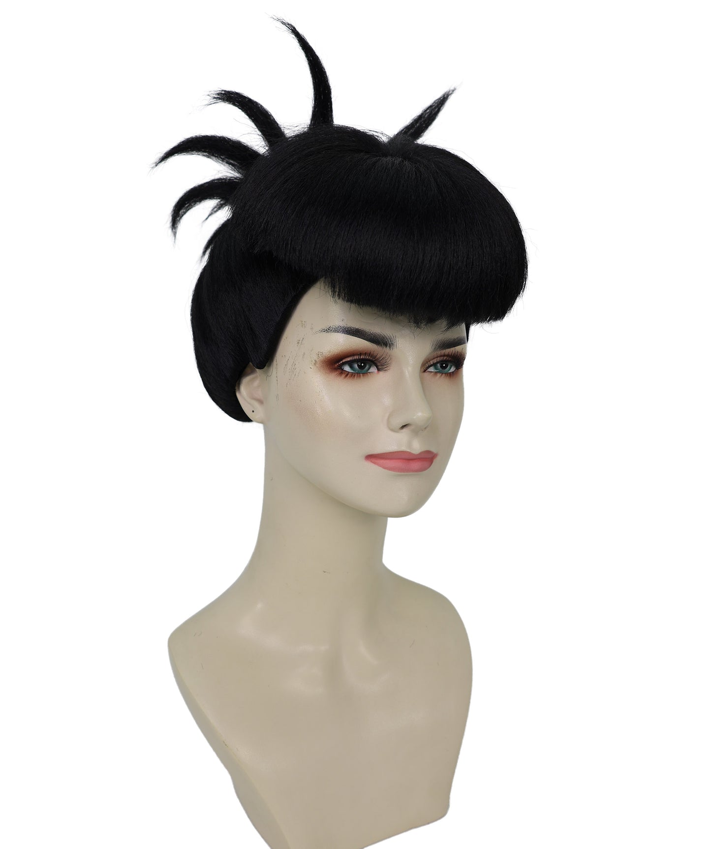 HPO Adult Women’s Sculpted Spiked Bun Wig with Blunt Bangs | Halloween Wig | Flame-Retardant Synthetic Hair with Breathable Capless Design