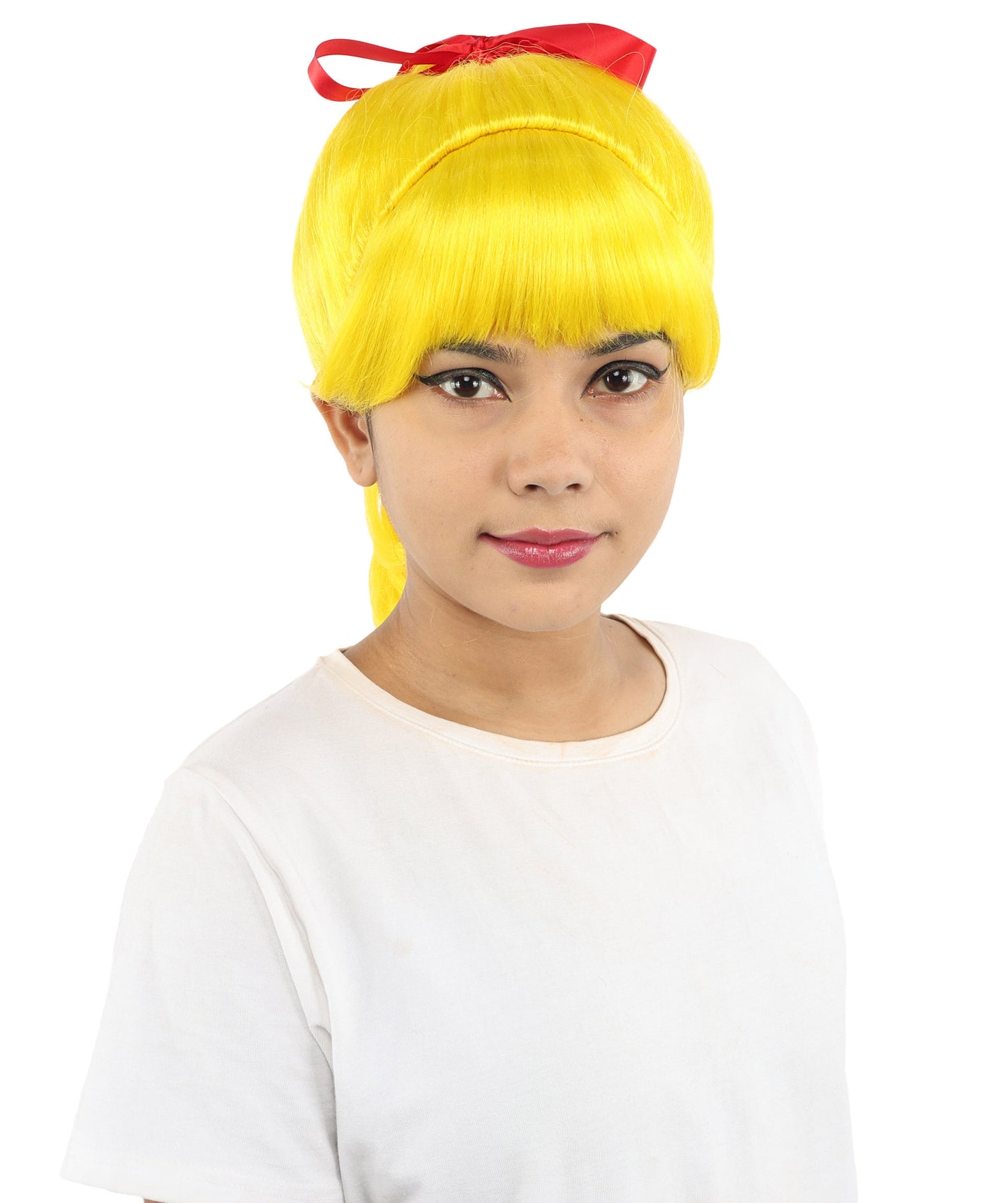 HPO Women's Spiral Ponytail Wig | Multicolor Options | High Updo with Red Ribbon Bow & Bangs, Heat Friendly Synthetic Fiber & Breathable Cap | Halloween, Christmas Event, Themed Party, Theater & Roleplay