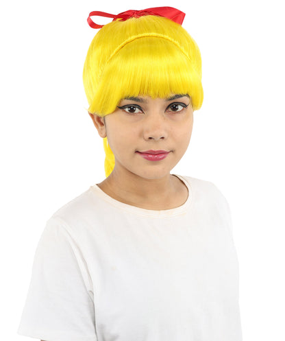 HPO Women's Spiral Ponytail Wig | Multicolor Options | High Updo with Red Ribbon Bow & Bangs, Heat Friendly Synthetic Fiber & Breathable Cap | Halloween, Christmas Event, Themed Party, Theater & Roleplay