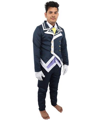 HPO Men's Noble Demon Duke Cosplay Navy Blue & White Suit | Includes Coat Pants Mock-Up Shirt Gloves | Crafted from Flame-retardant Synthetic Fabric | Adjustable Straps for Secure Fit