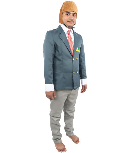 HPO Unisex Vintage Aviator Costume – Blue Blazer with Grey Pant, Mock Shirt Front, Bow Tie, Scarf & Trousers | Party Suit for Visual Scenes