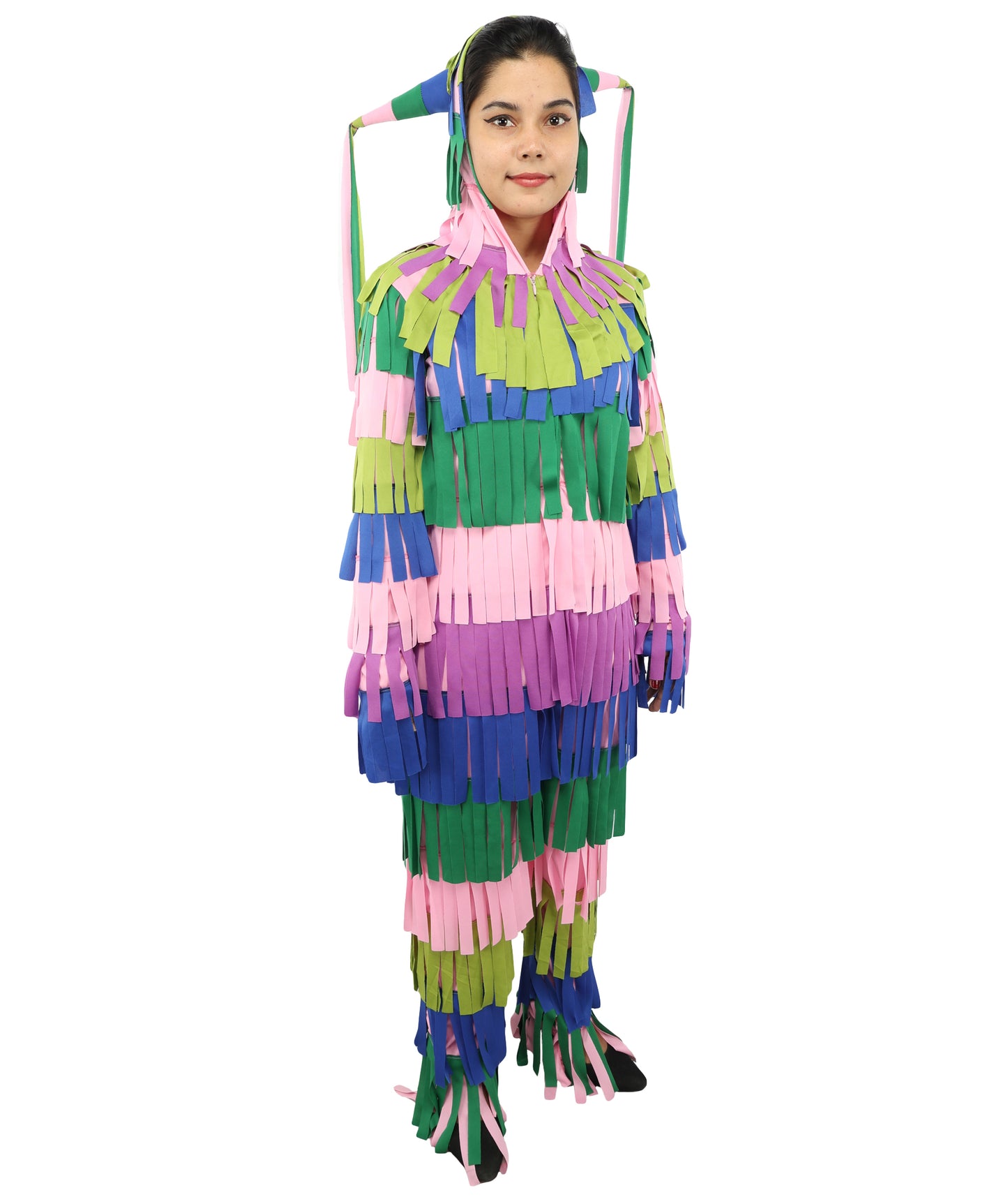 Bright Multicolored Pinata Jumpsuit Costume | Adult Funny Striped One-Piece with Fringe Details | Playful Outfit for Halloween, Cosplay, Parties & Festivals