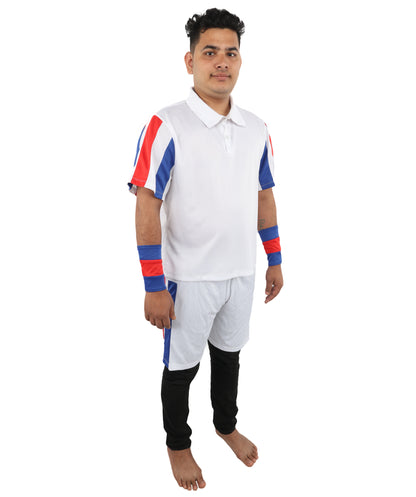 HPO Men's Retro Court Athlete Costume | White Polo and Shorts Set with Striped Accents | Ideal for Halloween, Theater, Drag, and 80s Sports Events