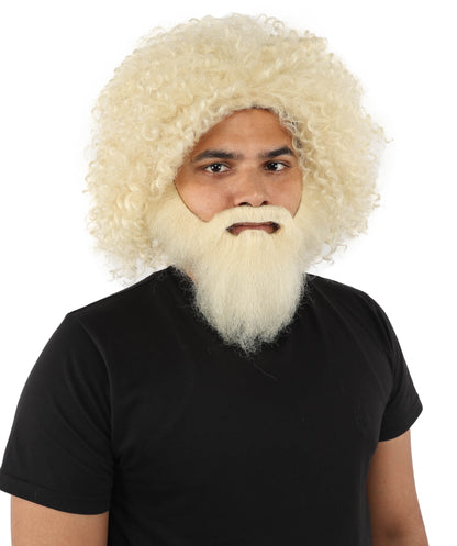 HPO Men's Wild Caveman Orange Wig Beard & Mustache Set | Massive Frizzy Orange Afro and Full Beard Set with Messy Texture | Prehistoric Costume, Viking Cosplay, Halloween, and Funny Party Props