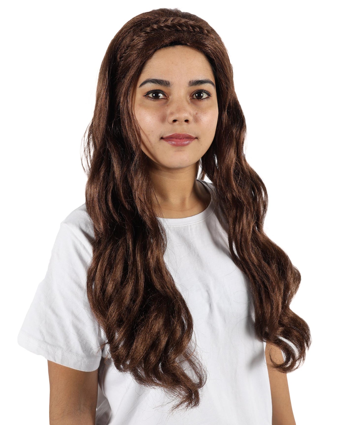 HPO Women’s Long Wavy Brown Wig | Flame-retardant Synthetic Fiber | Lightweight Capless Design for Halloween and Party