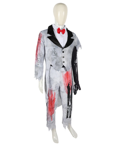 HPO Adult Men’s Corpse Groom Costume Set | Tattered Suit with Bone Detailing & Distressed Accessories | Adjustable Fit | For Halloween, Horror Parties & Themed Events