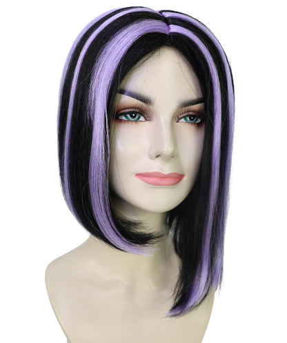HPO Adult Women’s White & Purple Highlight Bob Wig | Sleek Short Costume Hair for Halloween & Parties | Breathable Capless Cap