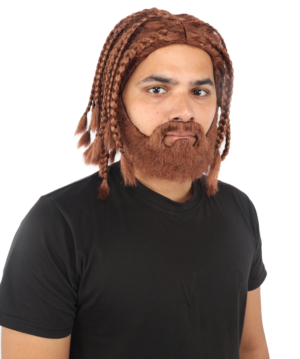 HPO Adult Men’s Brown Braided Warrior Wig with Matching Beard Set - Shoulder Length Braided Wig with Full Facial Hair Center Part and Fantasy Inspired Styling for Halloween Cosplay Events