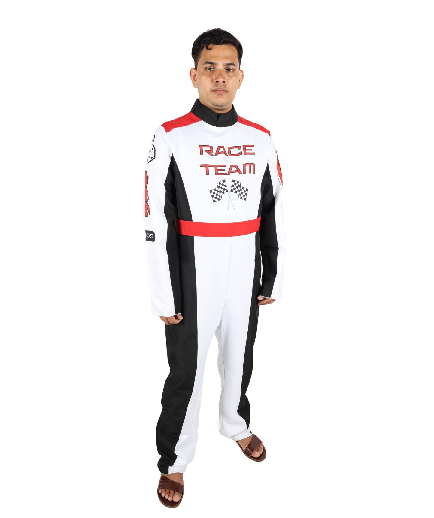 HPO Men’s Racing-Themed Costume | Black, White & Red Jumpsuit with Gloves | RONIOR Fabric 3-in-1 Outfit for Performance & Cosplay
