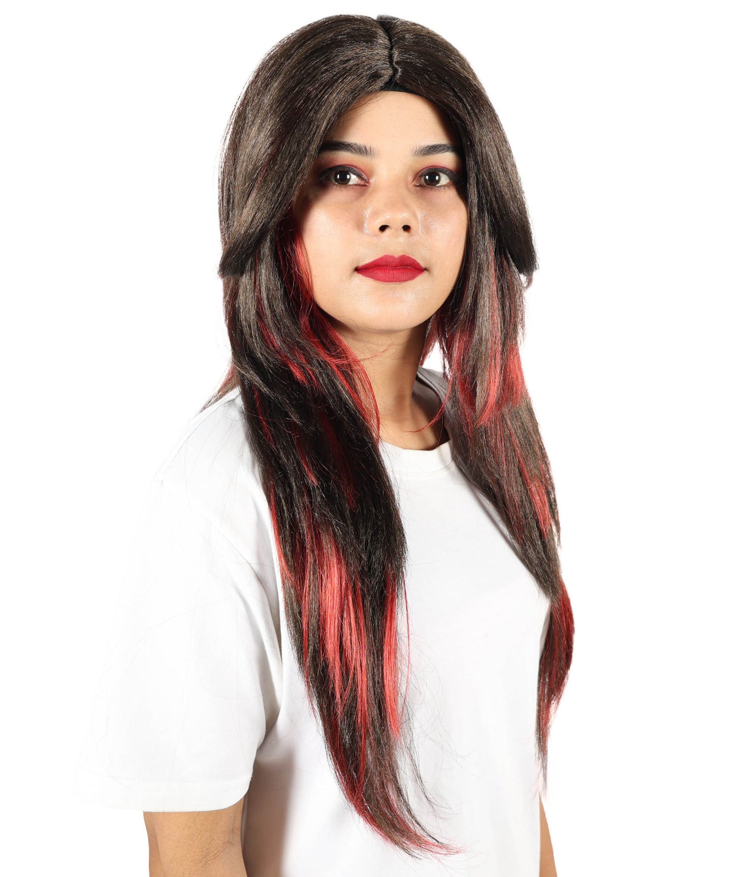 HPO Women's Edgy Celebrity Roleplay Red & Brown Wig |Flame-resistant Fiber with a comfortable capless fit | Ideal for party, Halloween, cosplay, theater, drag, performance, costume events