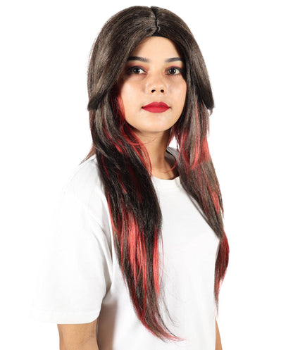 HPO Women's Edgy Celebrity Roleplay Red & Brown Wig |Flame-resistant Fiber with a comfortable capless fit | Ideal for party, Halloween, cosplay, theater, drag, performance, costume events
