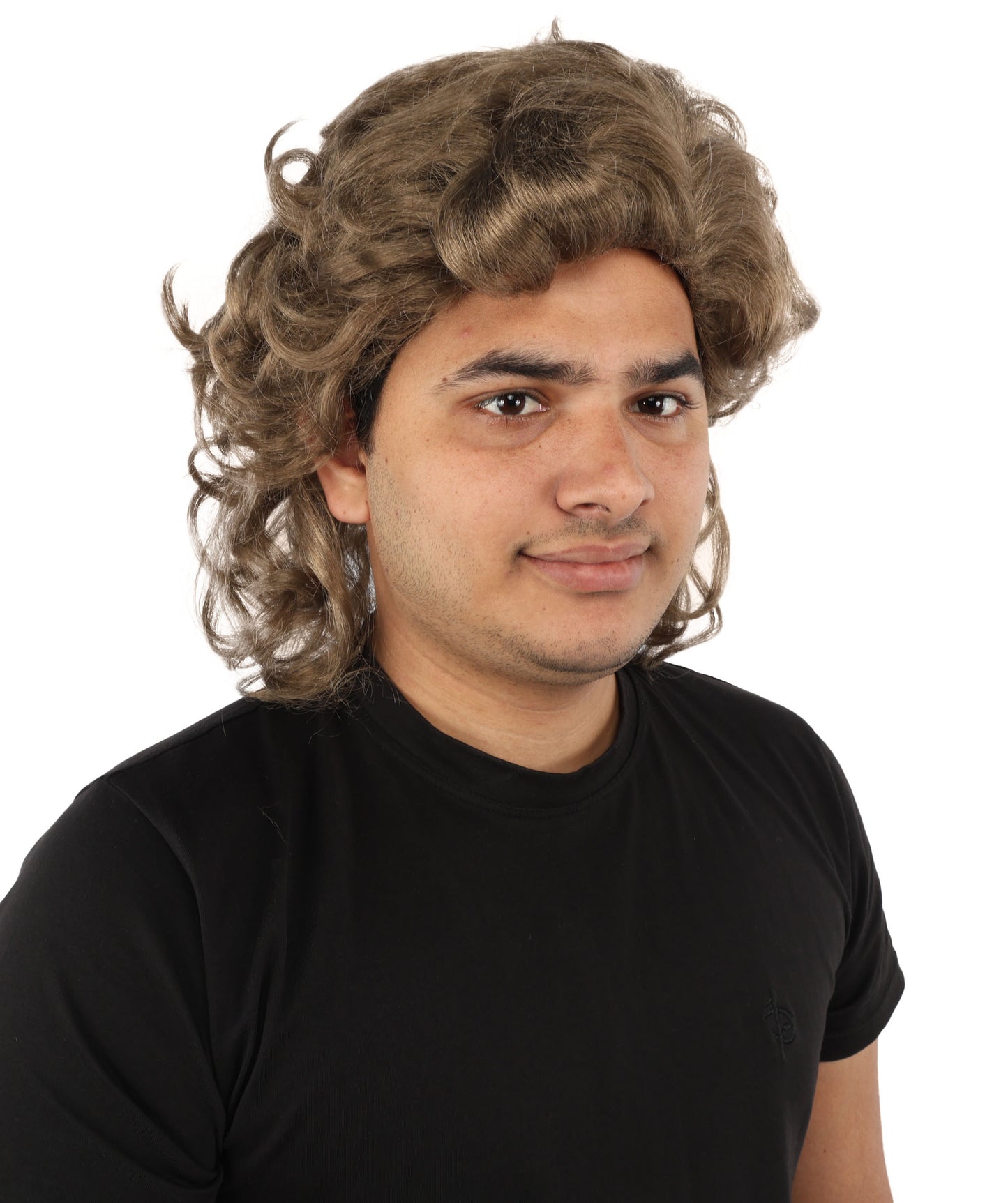 HPO Men’s 80s Light Brown Curly Mullet Wig | Flame-retardant Synthetic Fiber | Retro Movie Character Inspired Hairpiece for Cosplay & Halloween