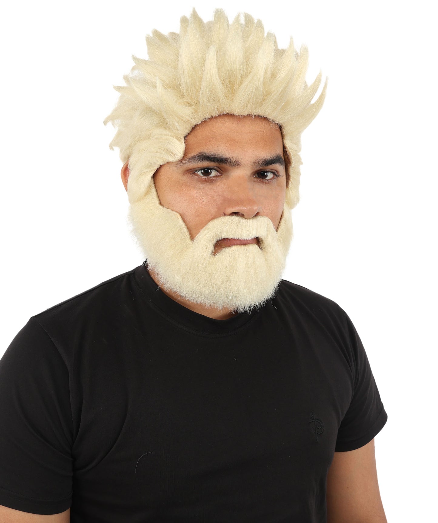 HPO Men’s Animated Genius Spiky Wig Beard & Mustache Set  – Wild Mad Scientist Pointed Beard & Curled Mustache Combo | Ideal for Animated Cosplay, Halloween Parties & Events