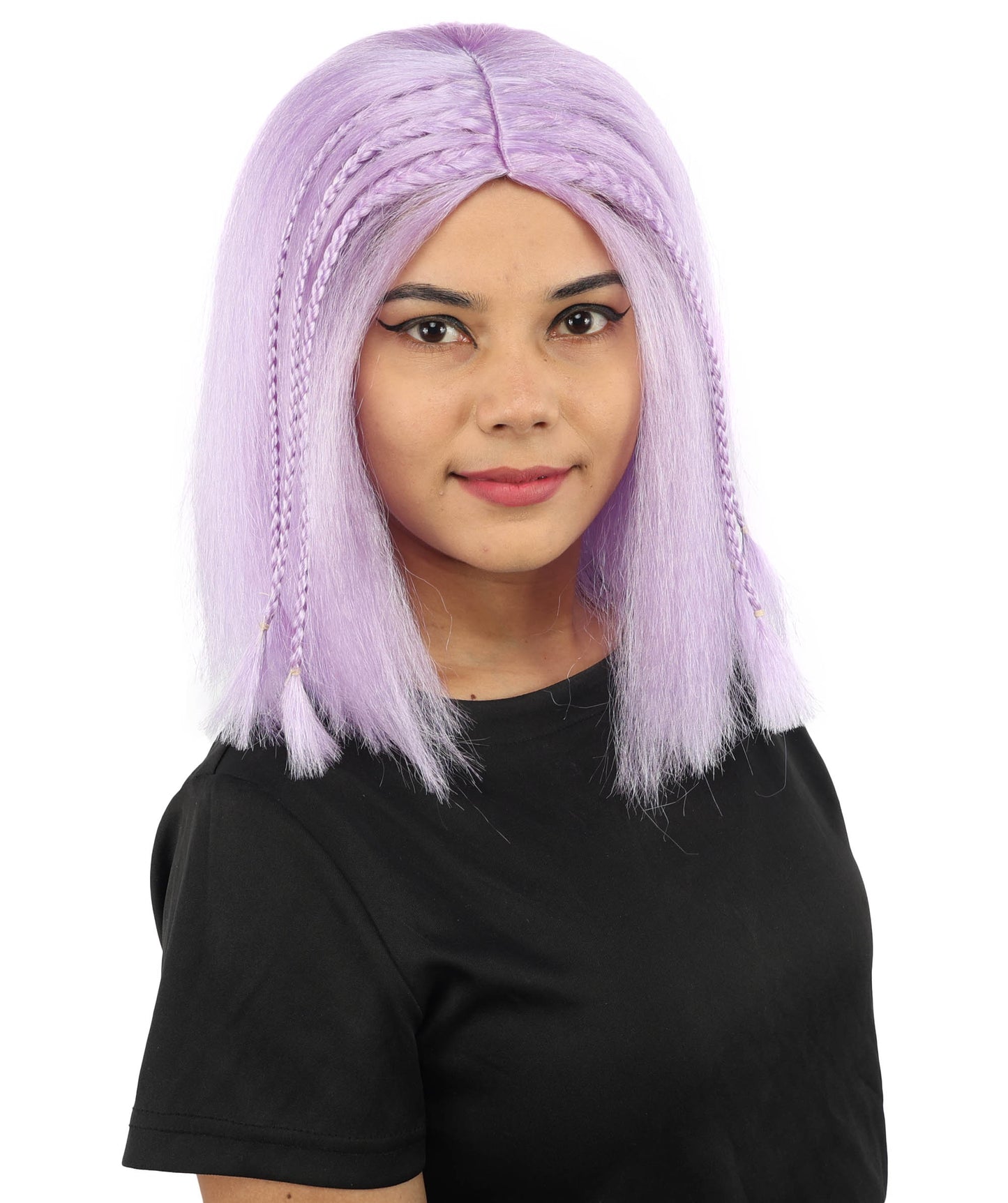 HPO Celebrity-Style 11 Inch Green Rooted Blonde Front Braided Straight Wig | Shoulder-Length Fun, Bold, and Stylish Hairpiece  | Ideal for Halloween, Cosplay, and Themed Parties