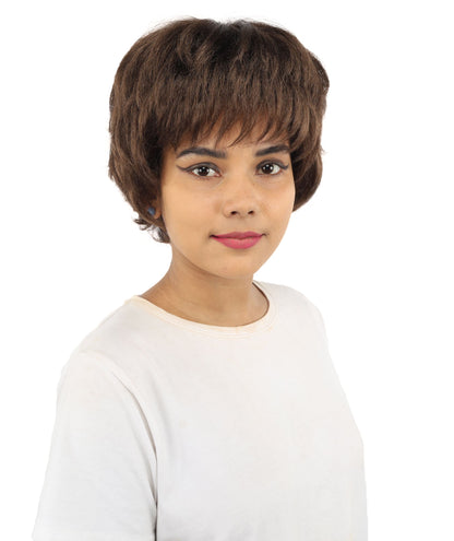 HPO Adult Women's Short Silver White Pixie Wig  | Edgy Layered Cut with Bangs | Synthetic Hair Wig for Stage Fashion, Cosplay, Halloween & Bold Party Looks