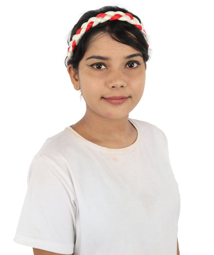 HPO Women's International Braided Headband | Textured red and white synthetic fibers woven into a twisted headband with an elastic back | Ideal for party, Halloween, cosplay, theater, drag, performance, costume events