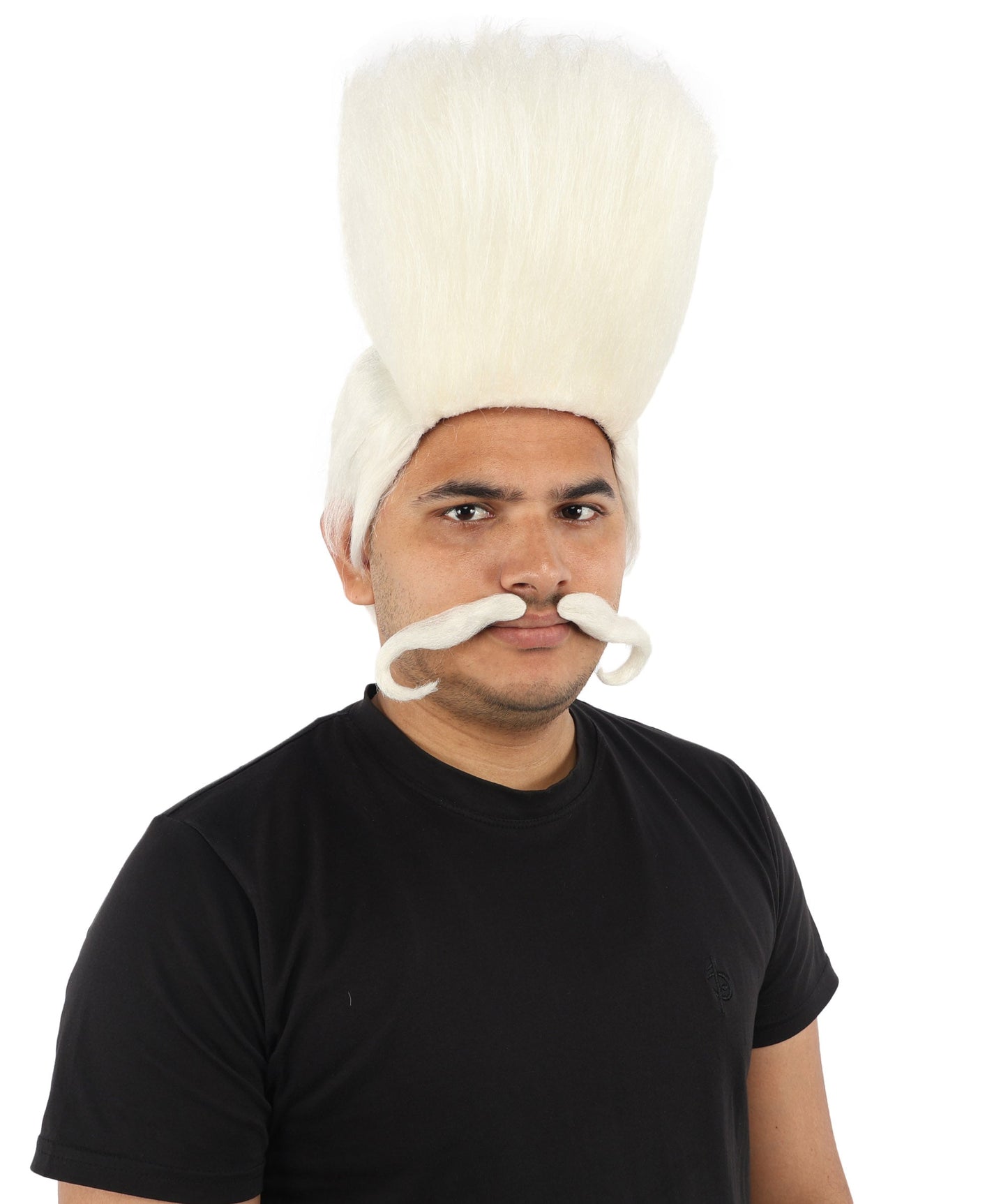 HPO Adult Men's Tall Flat Top Wig and Mustache | Vertical Dark Pompadour with Long Handlebar Facial Hair, Synthetic Fiber & Breathable Net | Halloween, Carnival, Stage Performance & Roleplay