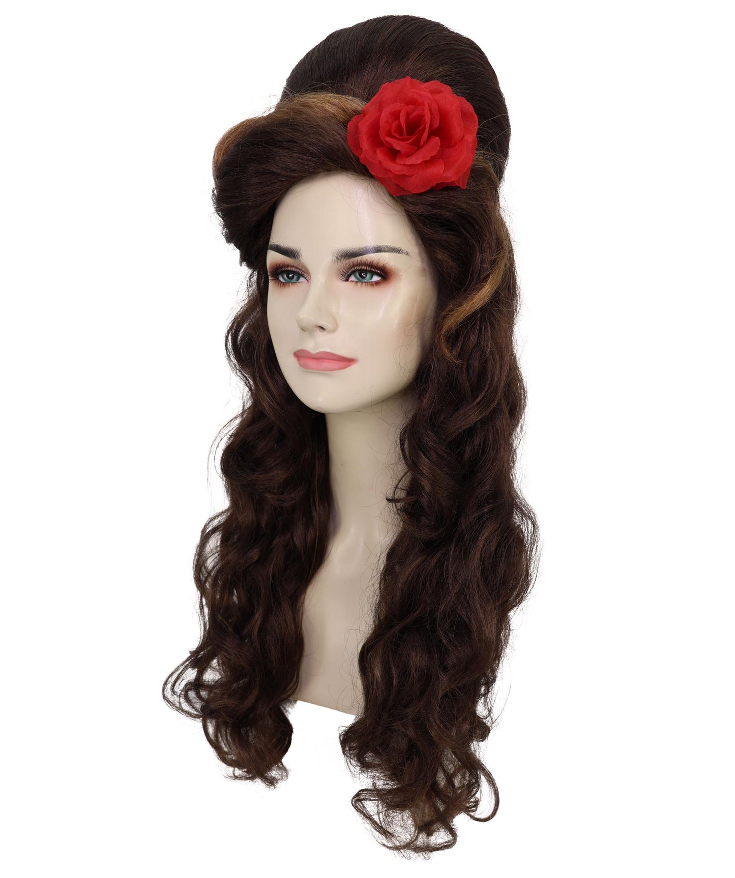 HPO Adult Womens Retro Brown Beehive Wig with Red Flower | 80s Vintage Glam Long Curly Hairpiece for Costume & Parties | Ideal for Halloween | Breathable Capless Cap