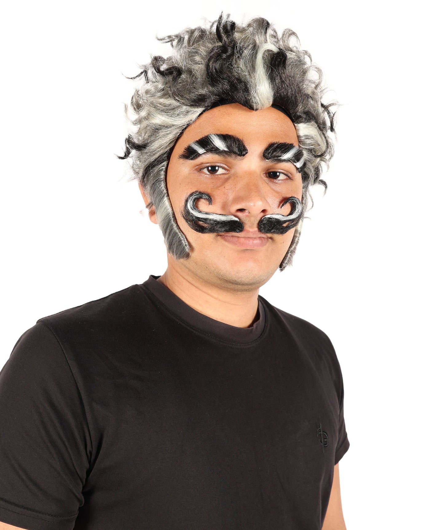HPO Men's Headmaster Dark Gray Wig with Mustache Set | Halloween Wig | Flame-retardant Synthetic Fiber