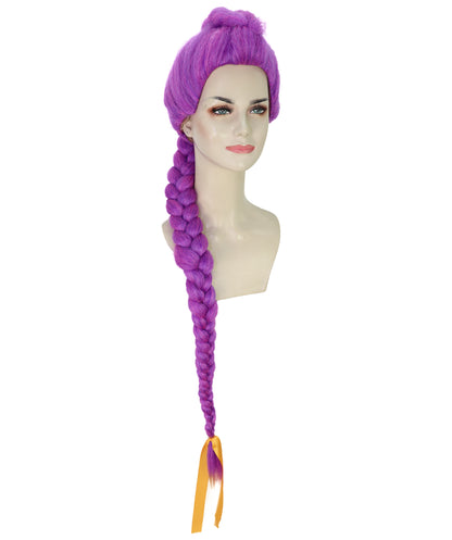 HPO Adult /Teen Women’s K-pop Demon Hunters Wig with Long Purple Fantasy Braid | Halloween Wig | Futuristic Pop Star Warrior Look