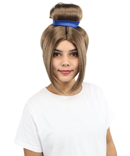 HPO Women’s Historical Tall Bun Wig with Blue Ribbon and Side Bangs | 12 Inch Synthetic Costume Hairpiece | Capless Cap Wig for Theater, Cosplay, Halloween Events