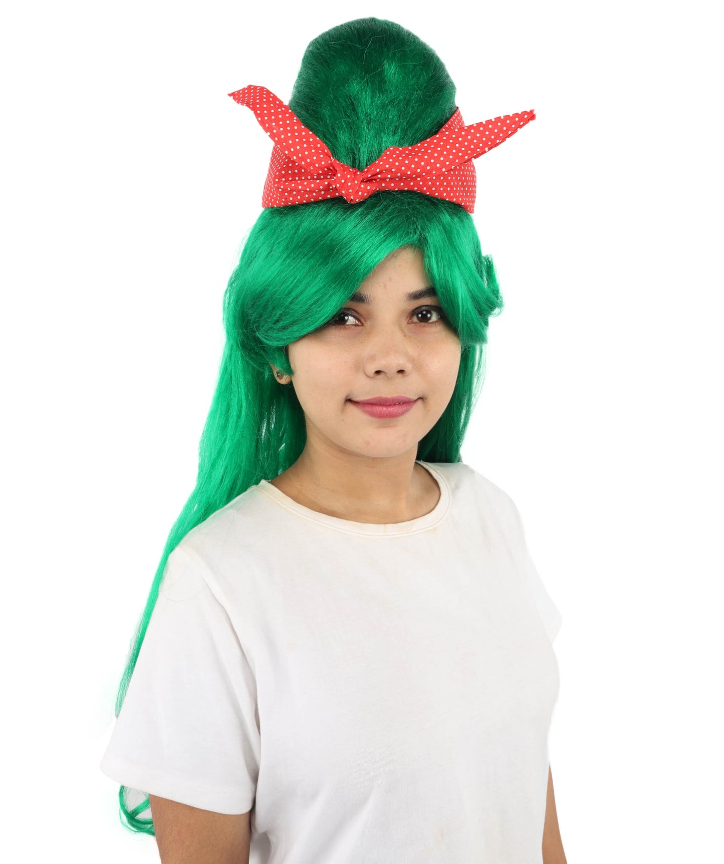 HPO Women’s Retro Beehive Wig with Red Bow | Multicolor Options | Extra Long Wavy Fancy Dress Accessory | Fancy Dress Accessory | Celebrity-Inspired Hair for Halloween, Cosplay & Music Tribute Parties