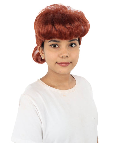 HPO Women's Retro Pin-Up Auburn Wig | Copper red tone, create of synthetic fiber, vintage curled bumper bangs with rolled back, breathable base | Party, Halloween, theater, drag, performance, costume events