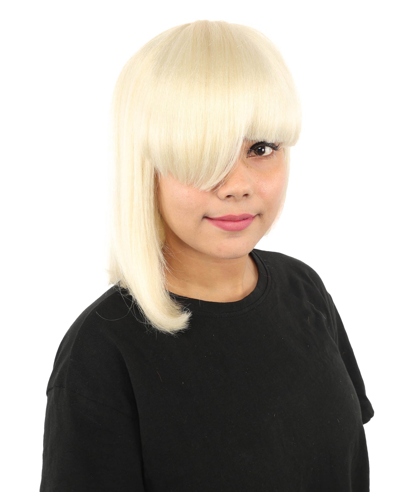 HPO Adult Women's Asymmetrical Bangs Bob Wig | Multiple Color Options | Create of synthetic fiber, sleek straight volume, breathable capless base | Party, Halloween, theater, drag, performance, costume events