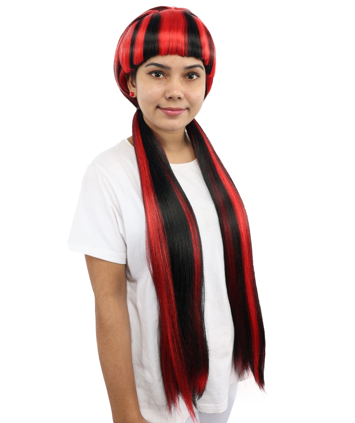 HPO Women's Gothic Harlequin Extra Long Wig | Heat Resistant Fiber Featuring Bold Crimson and Onyx Stripes with Curved Ends | Halloween Costume Events and Performance Art