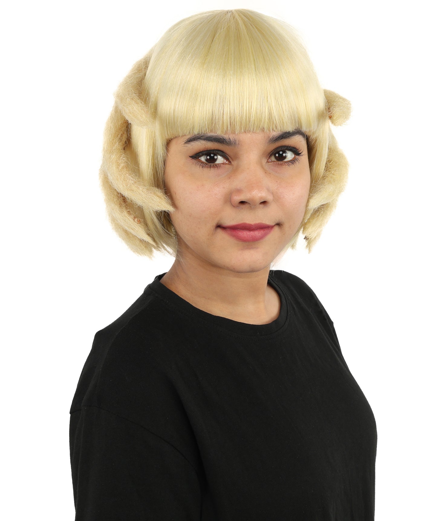 HPO Women's Sculpted Hand Bob Wig | Pale champagne blonde hue, create of synthetic fiber, 10-inch sleek bob with integrated hair-sculpted hands, breathable base | Party, Halloween, theater, drag, performance, costume events