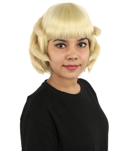 HPO Women's Sculpted Hand Bob Wig | Pale champagne blonde hue, create of synthetic fiber, 10-inch sleek bob with integrated hair-sculpted hands, breathable base | Party, Halloween, theater, drag, performance, costume events