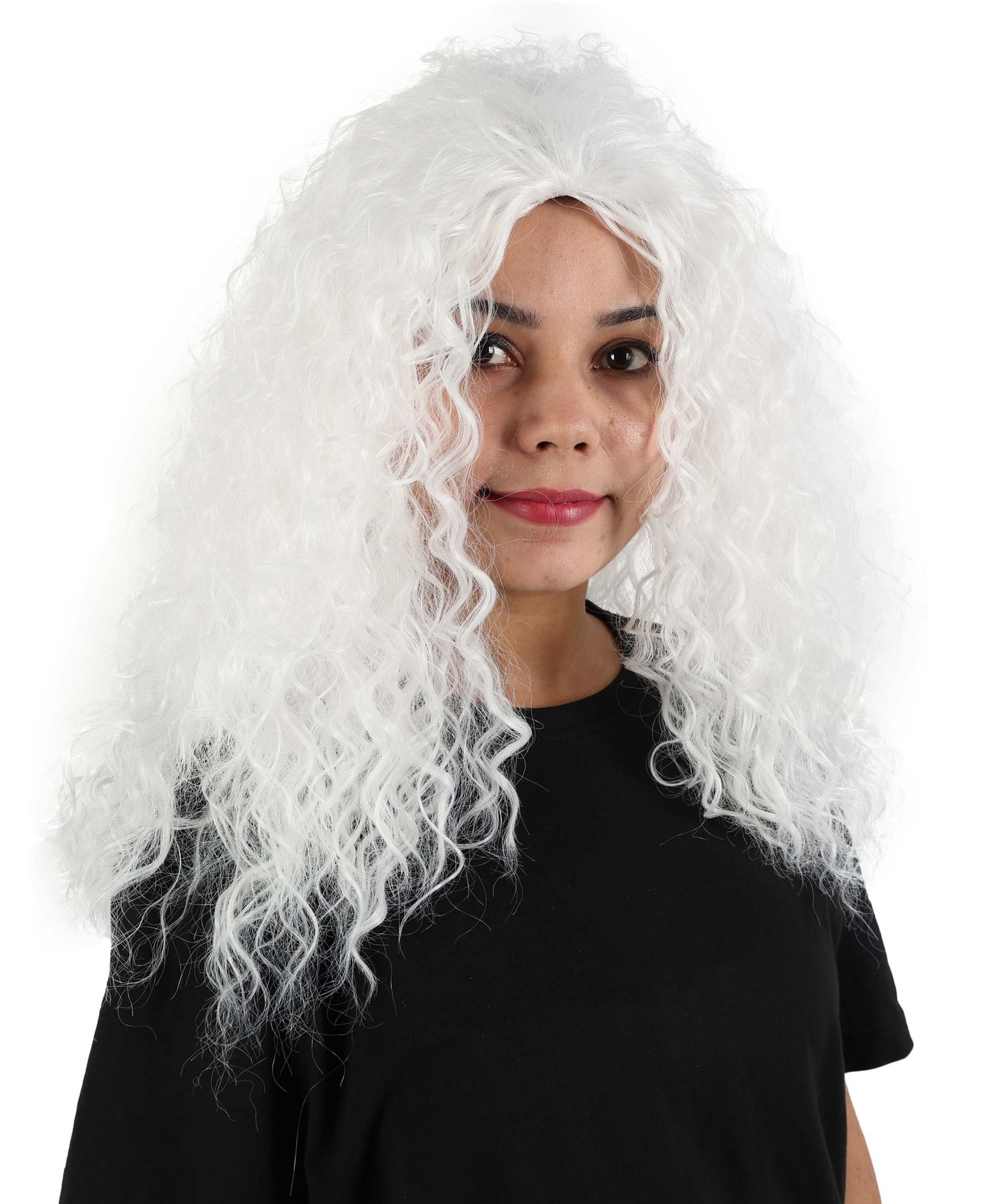 HPO Women’s 21” White Long Curly Wig | High Heat-Resistant Synthetic Costume Hairpiece | Lightweight Breathable Cap for Halloween, Cosplay & Party Dress-Up