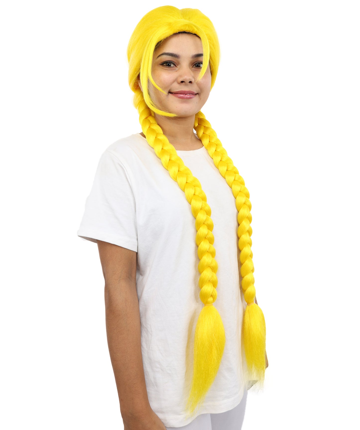 HPO Women’s Long Braid Synthetic Yellow Wig with Bangs | Sleek Cosplay Hairpiece with Comfortable Breathable Cap | Perfect for Halloween, Parties & Roleplay