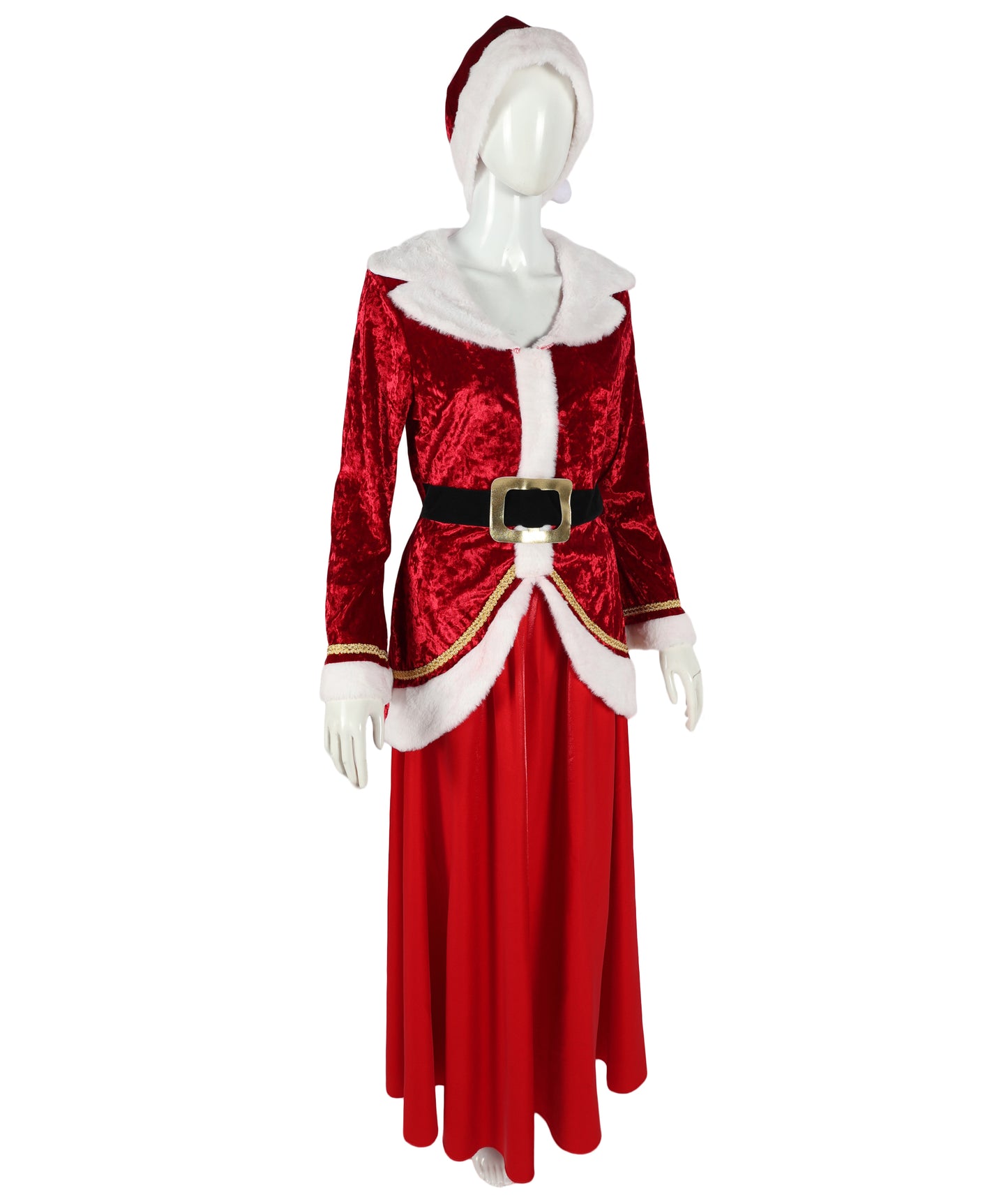 HPO Women’s Festive Holiday Costume Set | Red Velvet Dress with White Faux Fur Trim & Matching | Adjustable Fit | For Christmas Parties, Cosplay & Seasonal Events