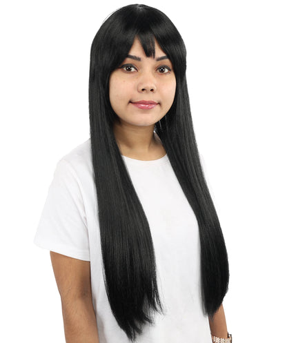 HPO Women's Sleek Straight Wig | 27 Inch Black Texture Face Framing Bangs Heat Friendly Fiber | Party Halloween Cosplay Theater Drag Performance Costume Events