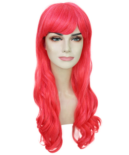 HPO Women's Red Long Wavy Desire Wig with Front Bangs | Halloween and Party Wig | Flame-retardant Synthetic Fiber  |  Premium Breathable Capless Cap