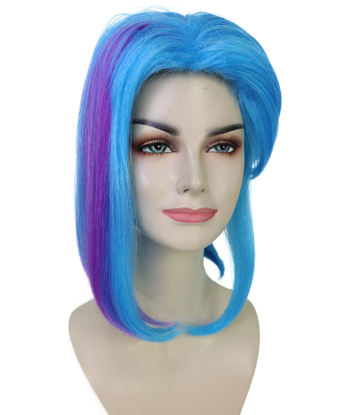 HPO Women’s Medium Ponytail Style Blue Wig with Purple Streaks | Halloween and Wig | Flame-retardant Synthetic Fiber