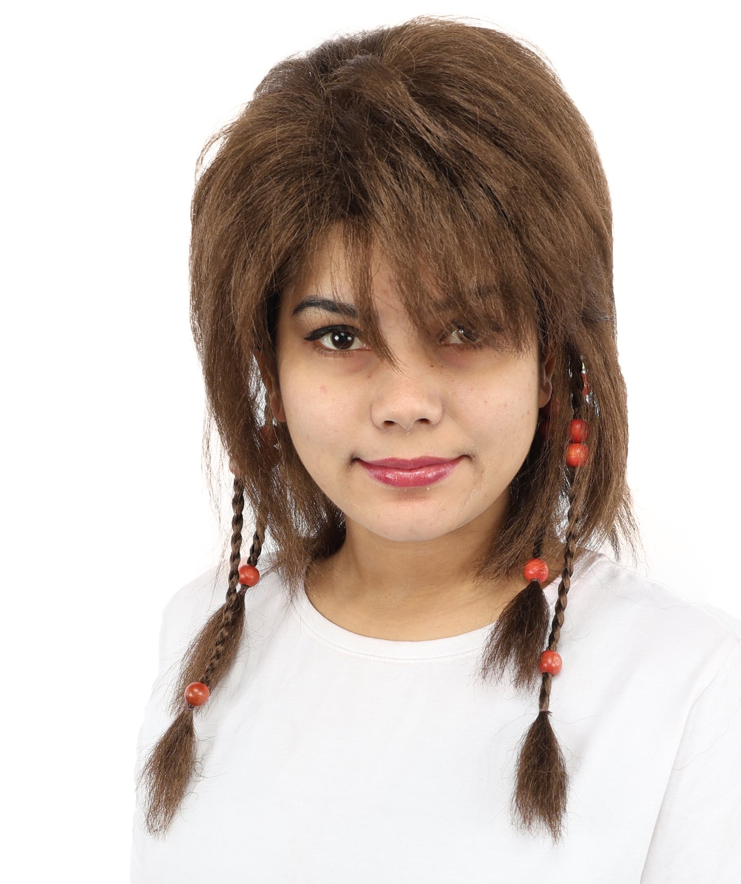 HPO Women's Long Tribal Braided Brown Wig | Dark Shaggy Bob with Beaded Strands, Synthetic Fiber & Breathable Cap | Halloween, Sci-Fi Roleplay, Fantasy Costume