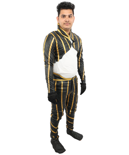 HPO Men's Anime Fighter Combat Suit | Striking Black And Gold PVC Jersey Construction Featuring Pant, Dress, Hand gloves, And Leg Socks | Ideal for Party, Halloween, Cosplay, Theater, Drag, Performance, Costume Events