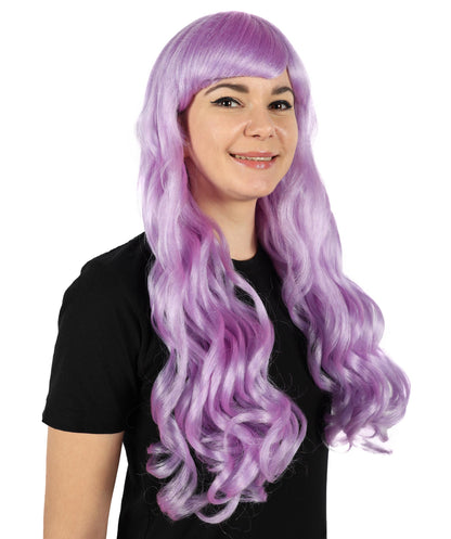 HPO Women's Red Long Wavy Desire Wig with Front Bangs | Halloween and Party Wig | Flame-retardant Synthetic Fiber  |  Premium Breathable Capless Cap