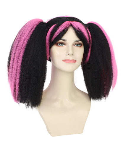 HPO Adult Women’s Steampunk Wig with Black Base and Vibrant Pink Streaks Ponytails | Synthetic Flame-Retardant Fiber |