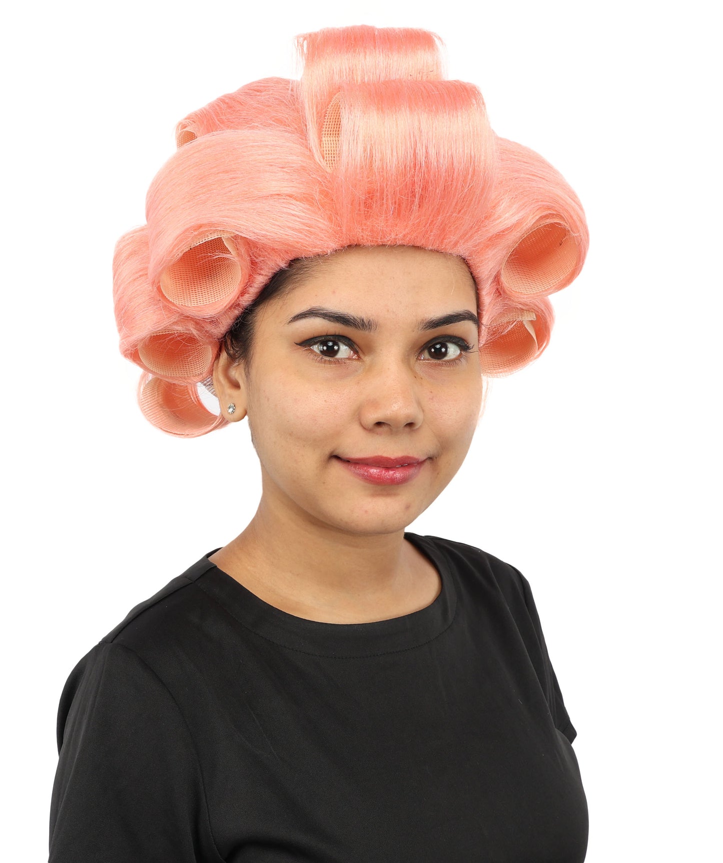 HPO Women's Retro Roller Set Pink Wig | Pastel peach tone, create of synthetic fiber, large cylindrical curler texture, capless cap | Party, Halloween, theater, drag, performance, costume events
