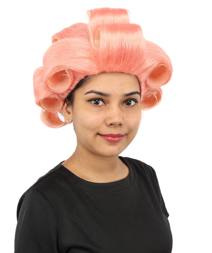 HPO Women's Retro Roller Set Pink Wig | Pastel peach tone, create of synthetic fiber, large cylindrical curler texture, capless cap | Party, Halloween, theater, drag, performance, costume events