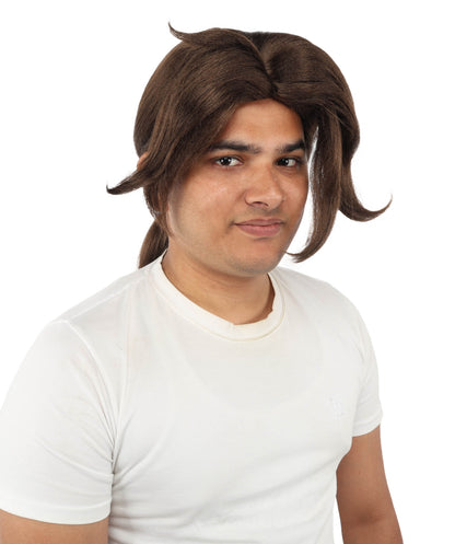 HPO Men's Golden Blonde Curtain Bang Wig | Shoulder Length Wavy Surfer Style, Heat Resistant Synthetic Fiber & Breathable Net | Halloween, Funny Roleplay, Theater, 90s Party & Costume Events