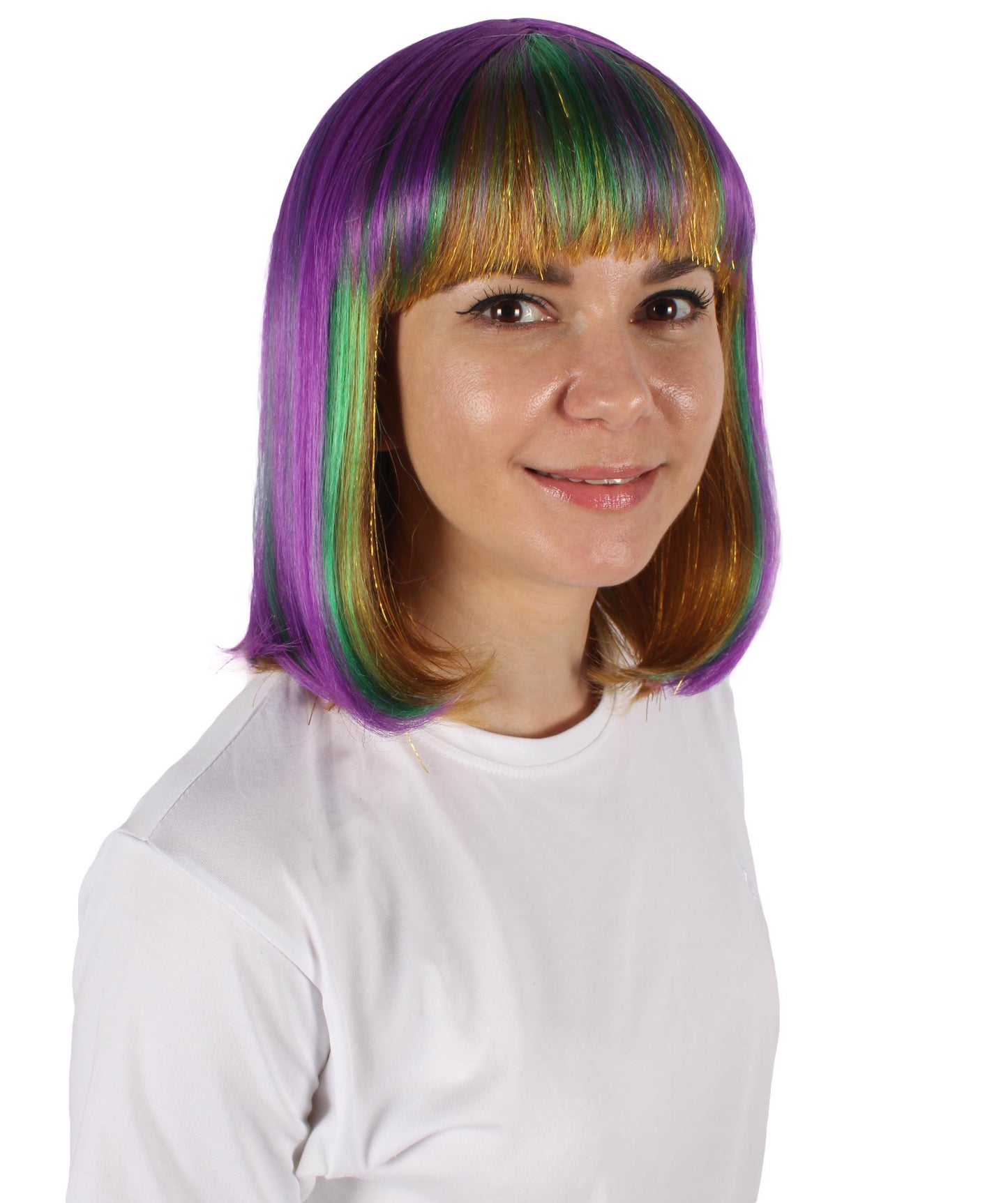 HPO Women's Multi colour Mardi Grass Festival Bob Wig with Bangs I Flame-retardant Synthetic Fiber