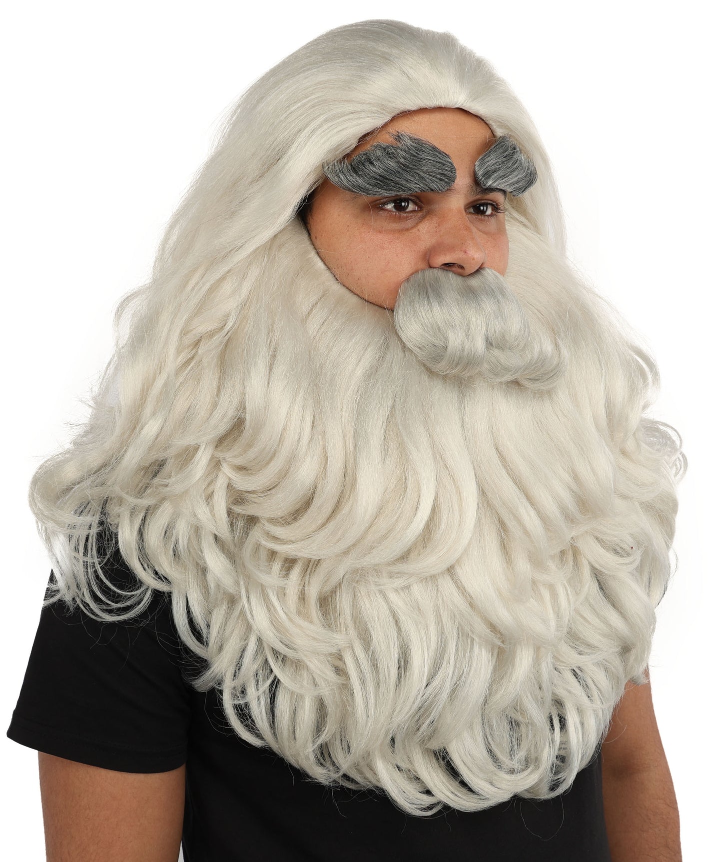 HPO Men's Long Prophet Grey Wig Mustache Beard & Eyebrow Set | Flame-Retardant Synthetic Fiber With Capless Cap | Ideal For Theater, Halloween And Cosplay