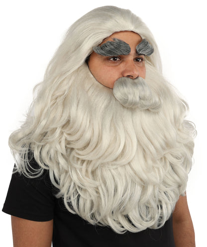 HPO Men's Long Prophet Grey Wig Mustache Beard & Eyebrow Set | Flame-Retardant Synthetic Fiber With Capless Cap | Ideal For Theater, Halloween And Cosplay