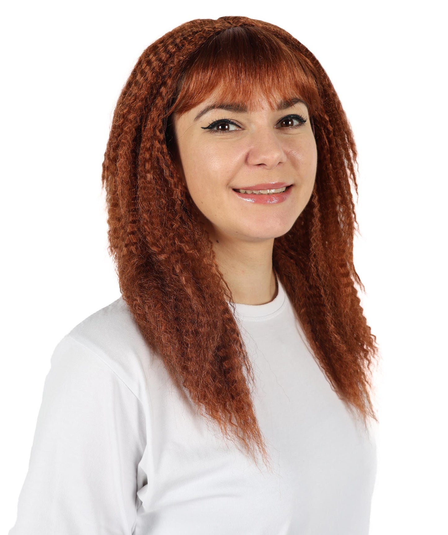 HPO Women’s Retro 80’s Voluminous Curly Brown 17 Inch Rocker Crimp Wig with Bangs | Halloween & Cosplay Wig | Flame-retardant Synthetic Fiber
