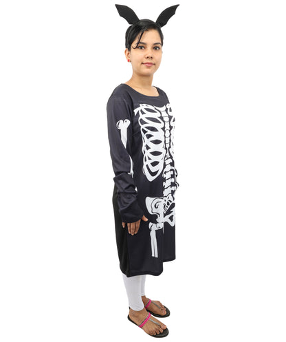 HPO Women's Halloween Skeleton Black & White Costume - Funny Long Sleeve Midi Dress, Black