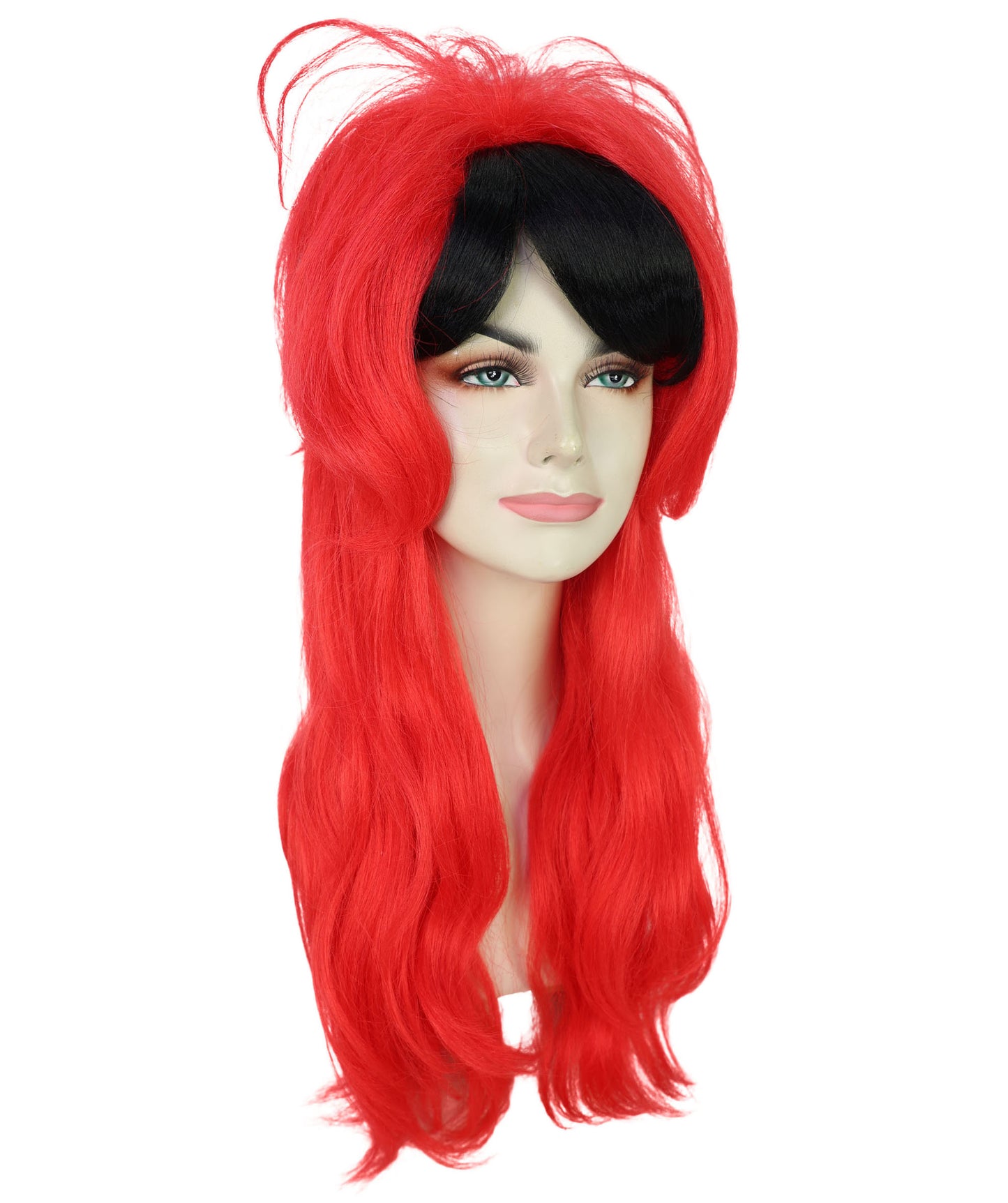 Women’s Punk Red & Black Wavy Long Wig | Edgy Rocker Style for Halloween Themed Parties| Breathable Cap